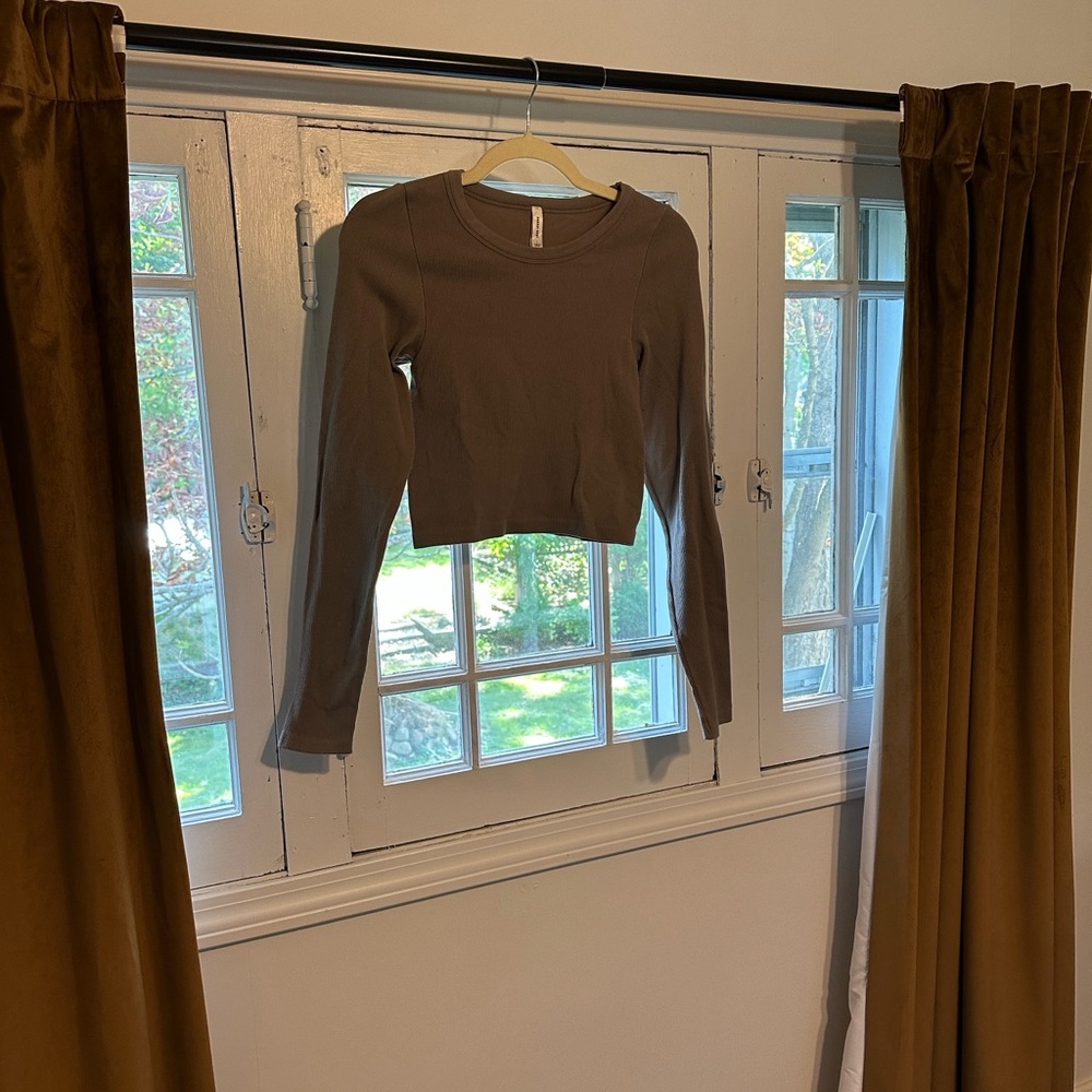 Aritzia Sunday Best Taupe Long Sleeve Crop Top